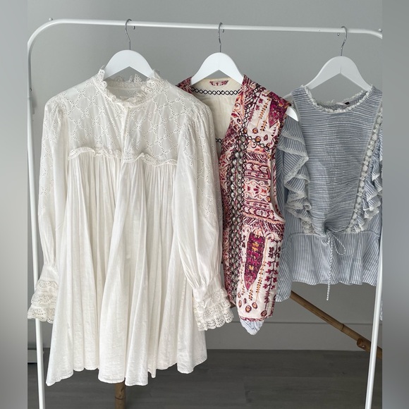 Free People Boho White Dress, Blouse and Vest Bundle. - Picture 1 of 5